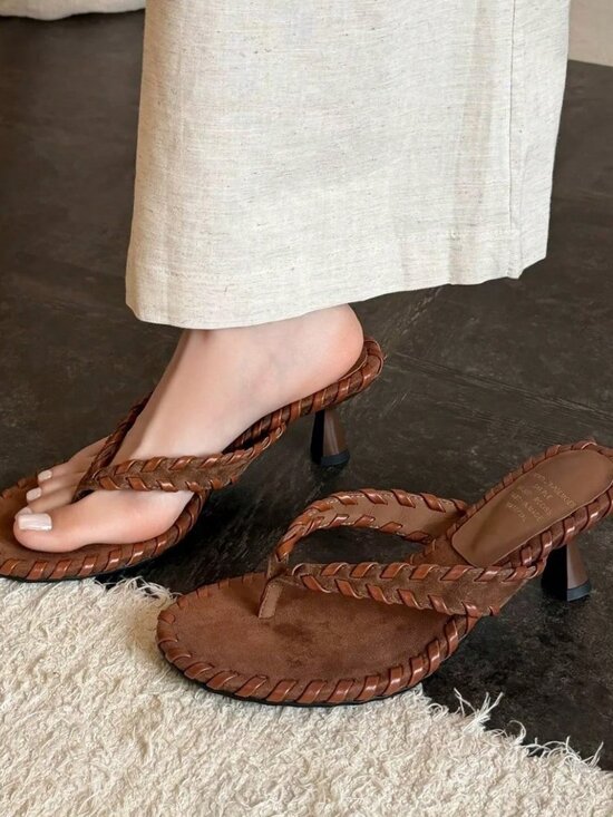 Shoes - Brown Casual Women's Square Toe Stiletto Sandals Kitten Heel Flip Flop